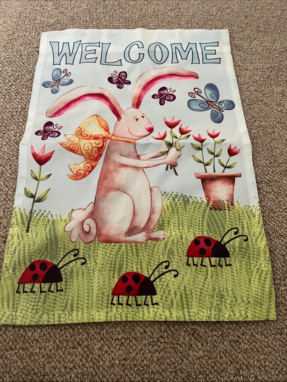 Welcome Bunny Spring Garden Flag - White/Pink/Green